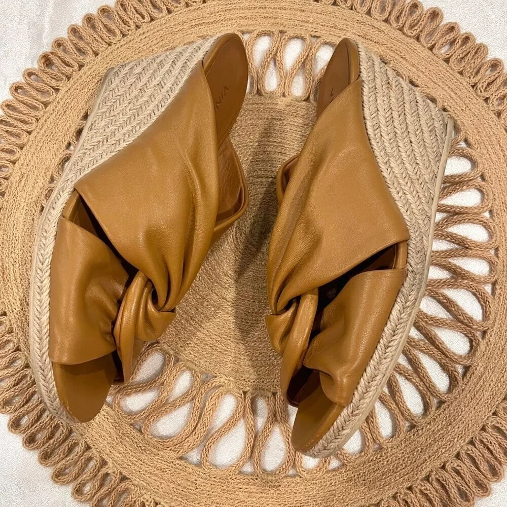 Vince Sylvia Knotted Espadrille Wedge Sandals Camel Leather Size US 9